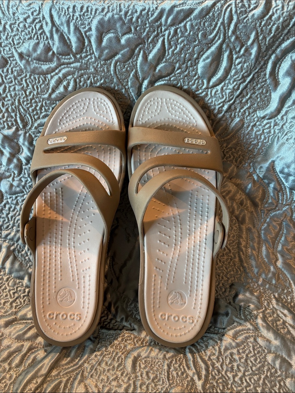 CROCS Women's Tan Double-Strap Slide Sandals